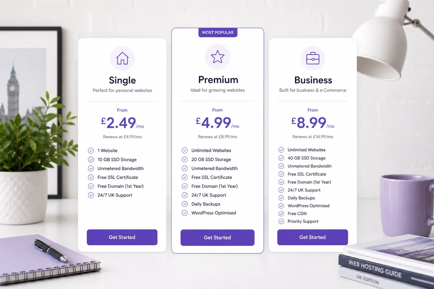 Best Hostinger UK WordPress hosting plans Single Premium Business compared