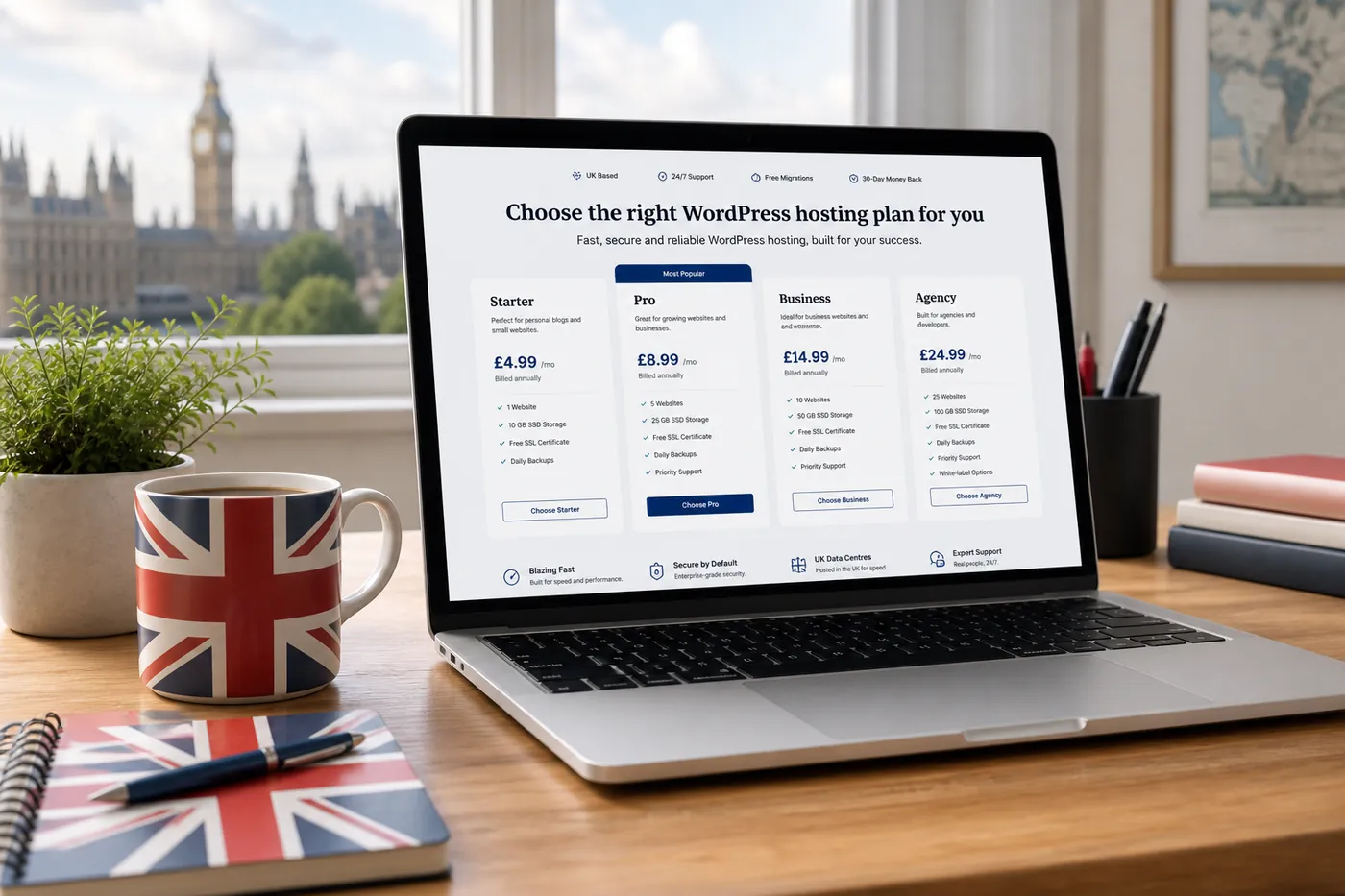 Best Hostinger UK WordPress hosting plans overview on a laptop