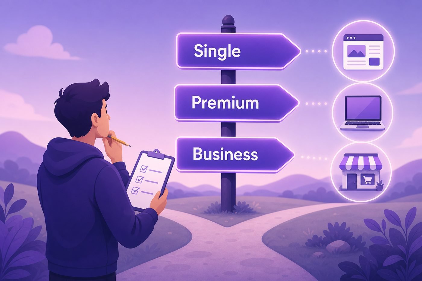 Person choosing between Hostinger Single, Premium, and Business WordPress hosting plans