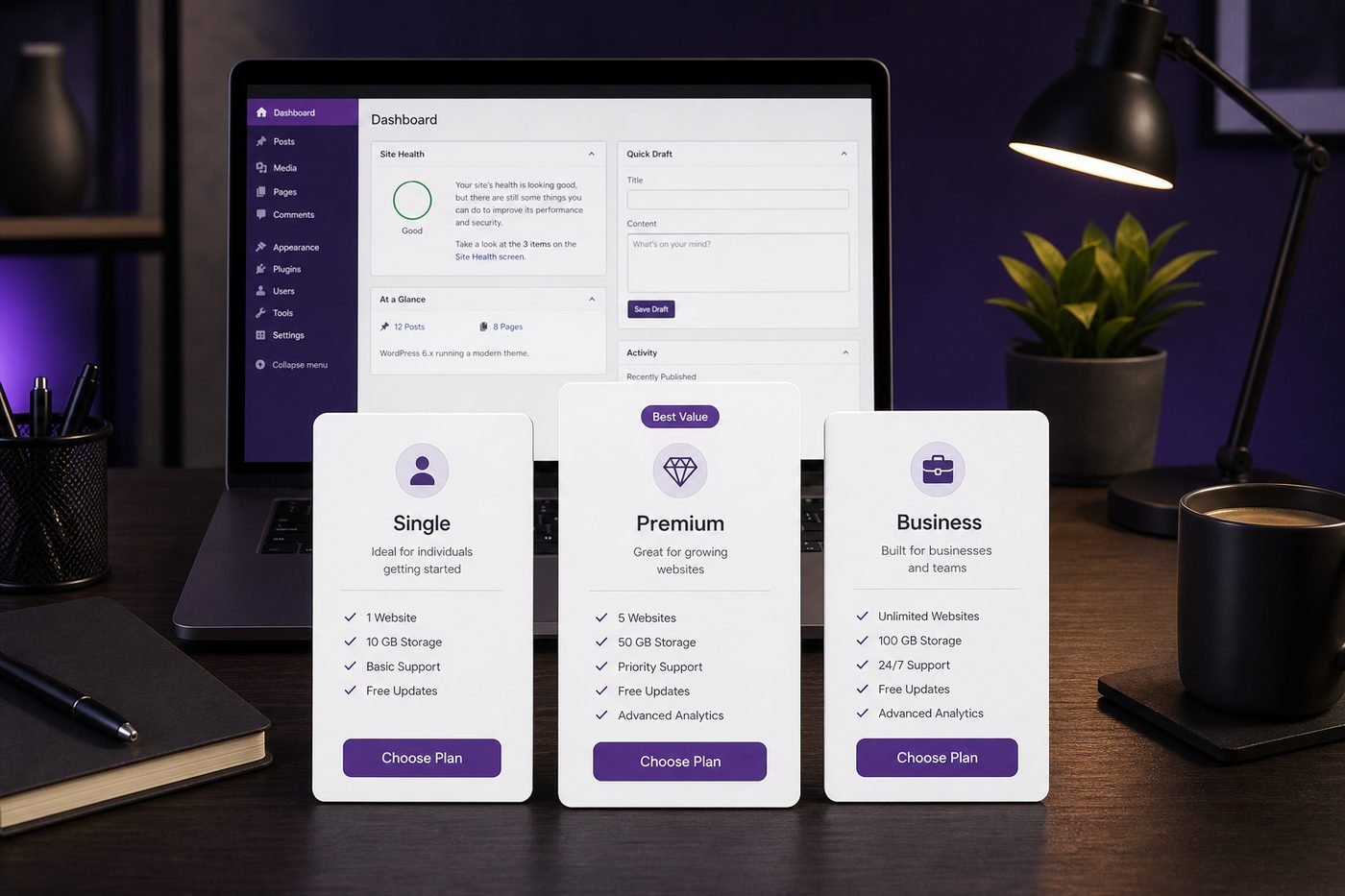 Best Hostinger WordPress hosting plans overview showing Single, Premium, and Business cards