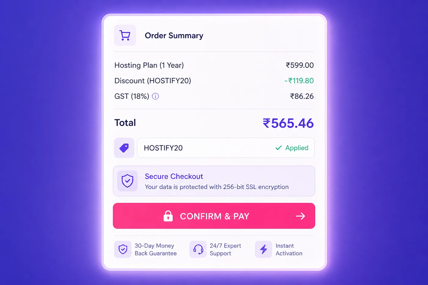 Hostinger WordPress hosting checkout confirmation for Indian buyers