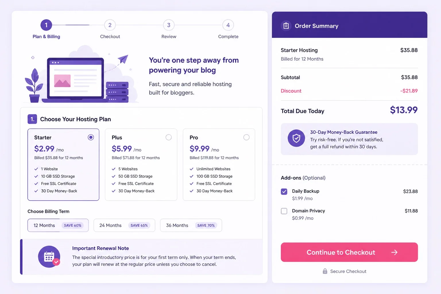 Hostinger checkout screen to buy WordPress hosting for a blog with domain and renewal review