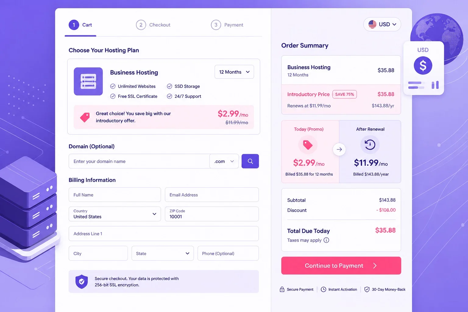Hostinger web hosting USD checkout order summary showing promo total and renewal price for USA buyers