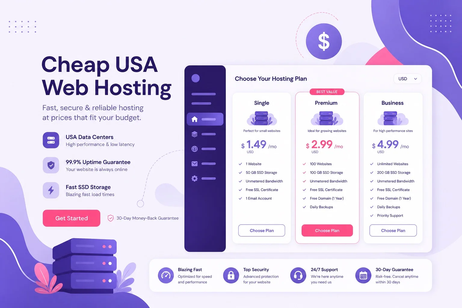 Cheap hosting USA promo Hostinger web hosting plans in USD overview for American buyers