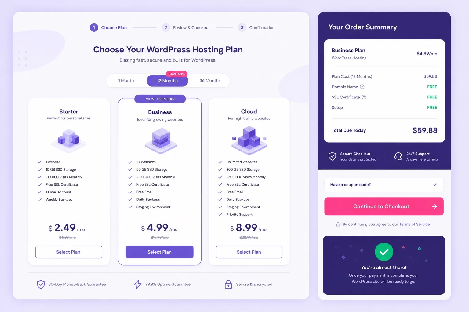 Cheap web hosting vs WordPress hosting checkout and plan selection