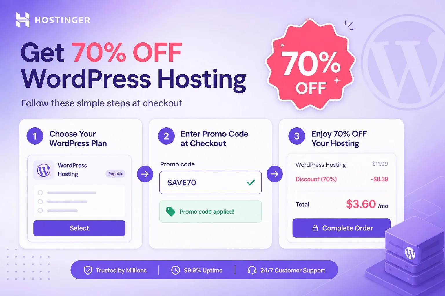 Get 70% off WordPress hosting on Hostinger promo code steps cover