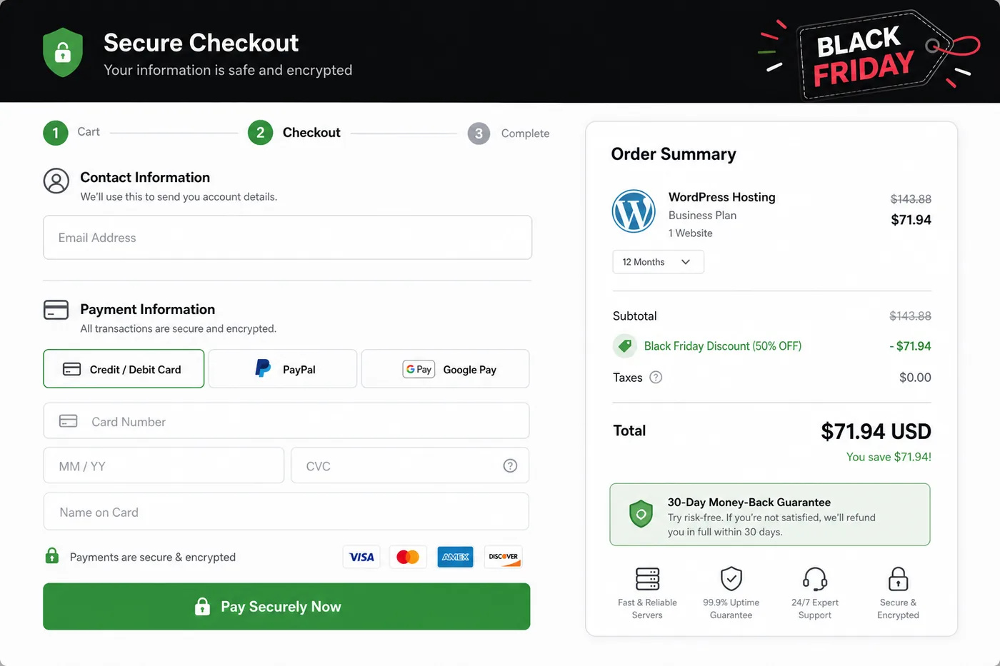 Hostinger Black Friday Sale 2026 checkout showing WordPress hosting discount applied