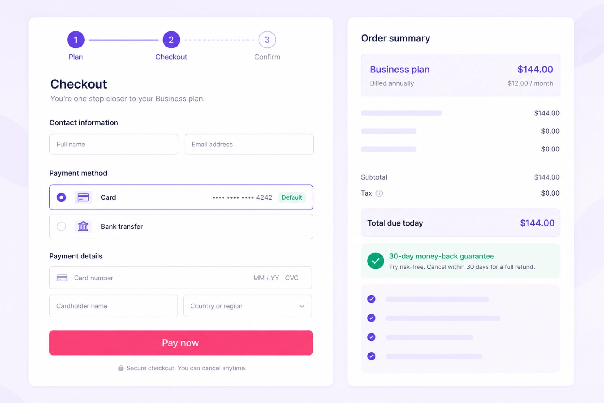 Hostinger Business plan checkout process for WordPress hosting
