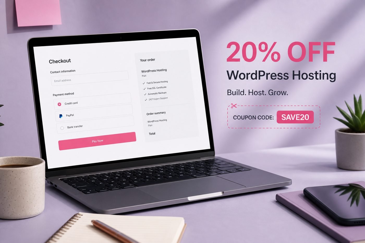 Hostinger coupon code for hosting WordPress Hosting 20% Off overview cover image
