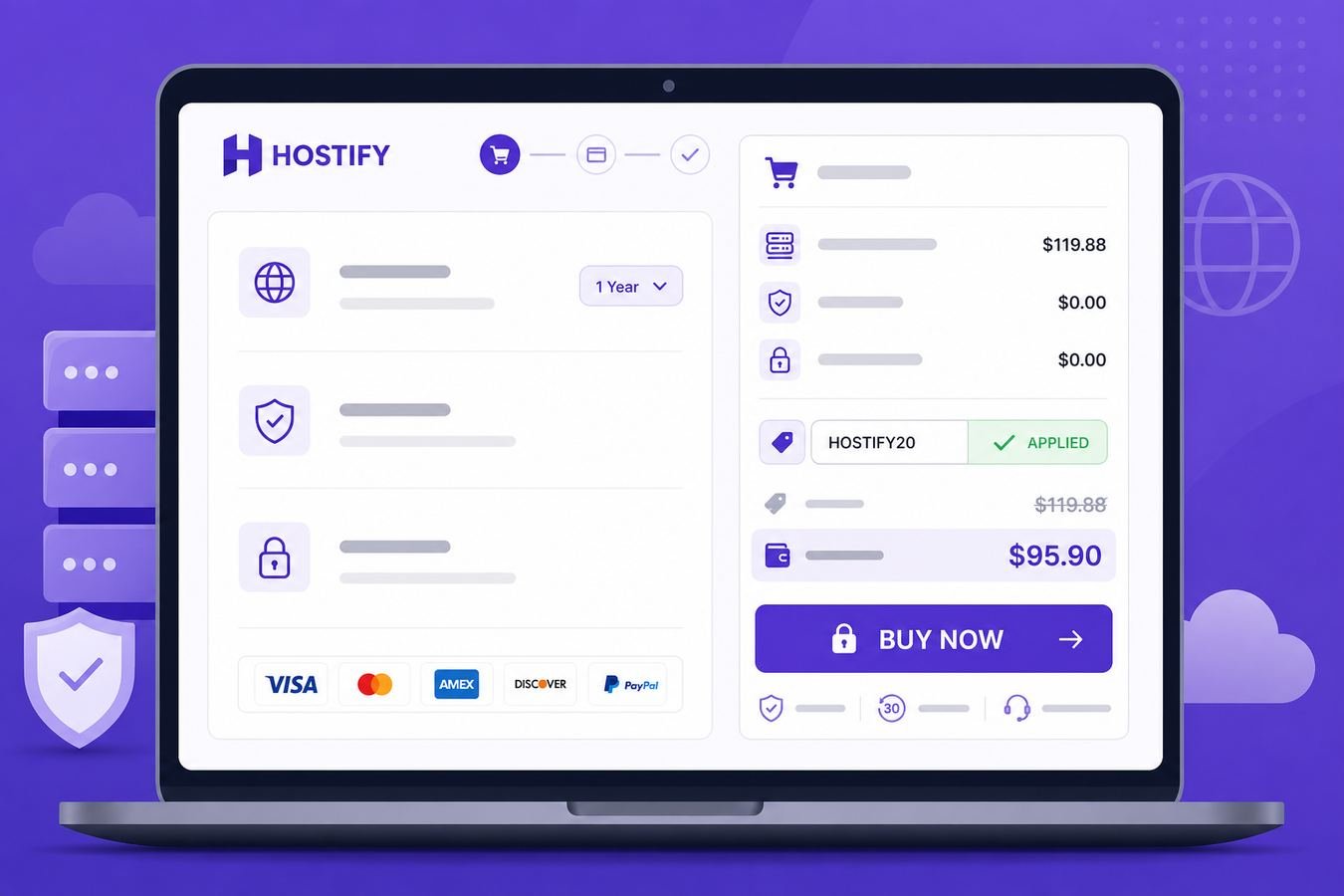 Checkout screen showing a Hostinger discount applied to WordPress hosting plans