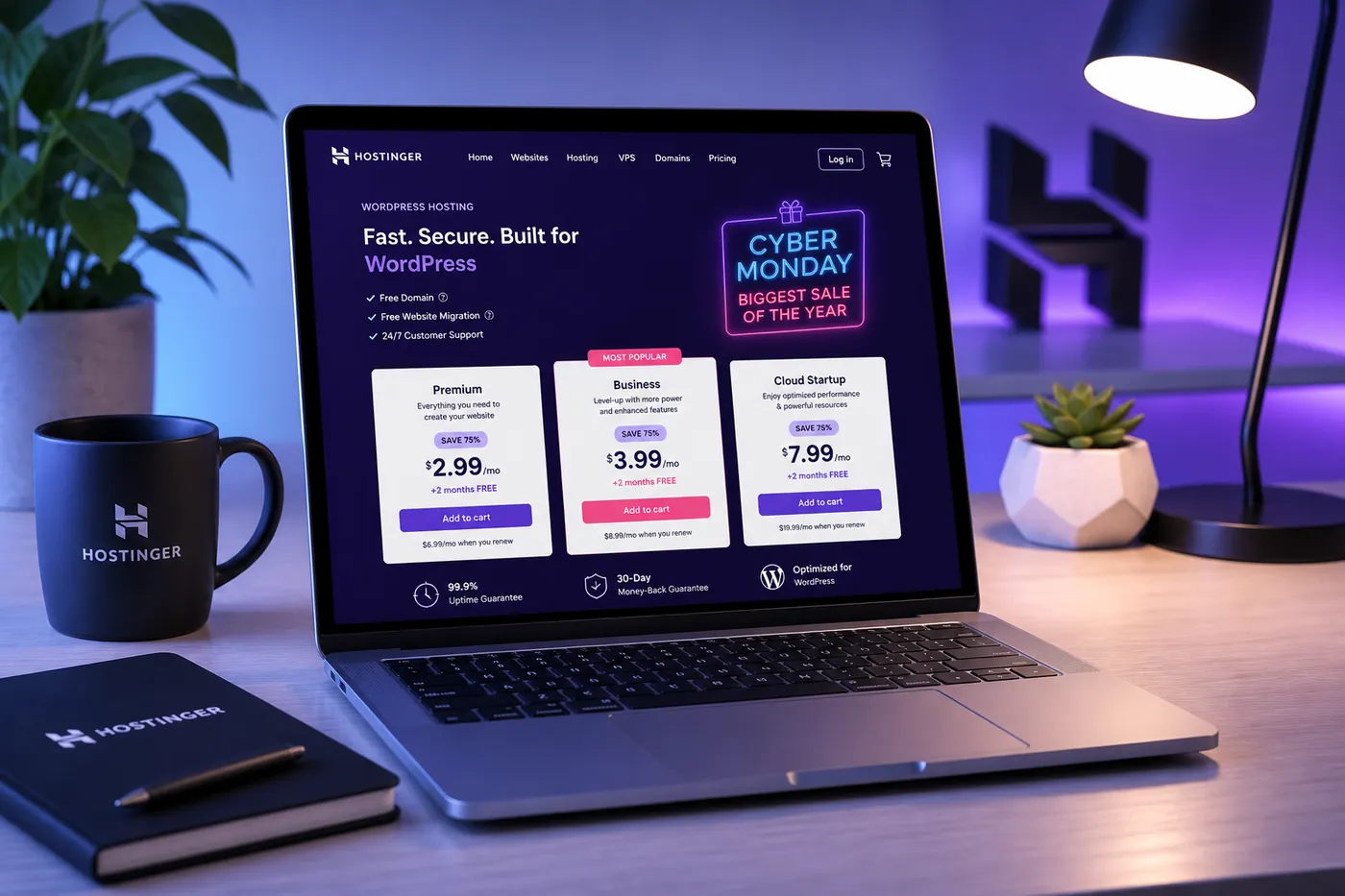 Hostinger Cyber Monday Sale WordPress hosting promo codes overview on a laptop