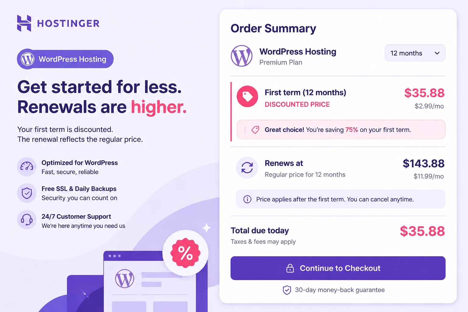 Hostinger WordPress hosting checkout showing promo total and renewal price for discount deals