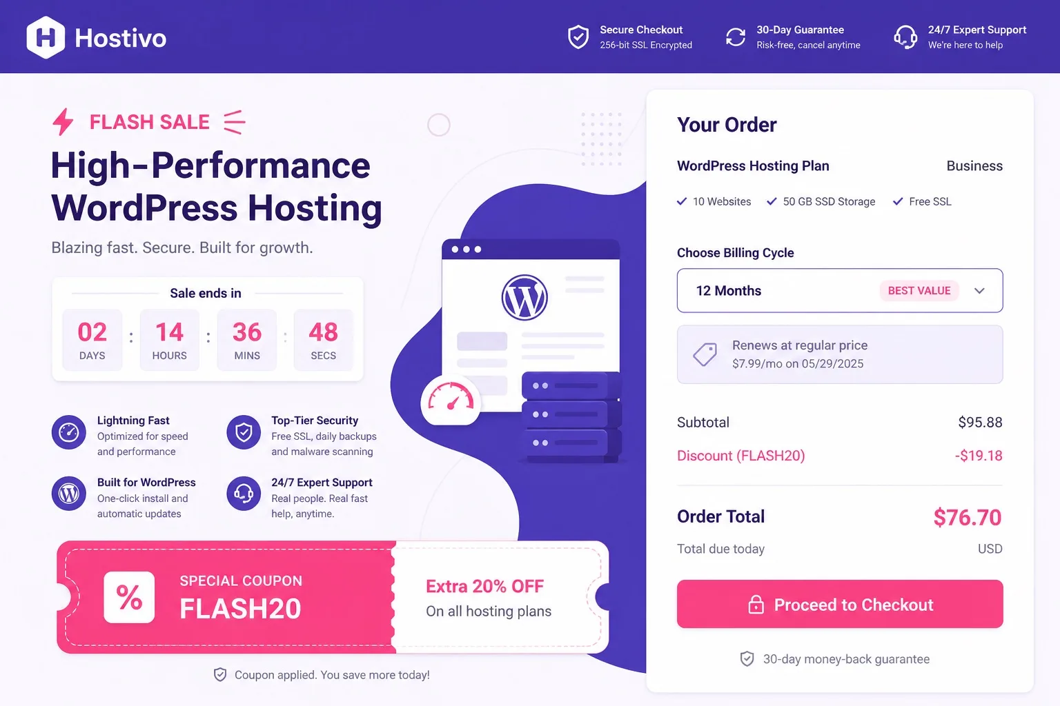Claim Hostinger flash sale WordPress hosting coupon codes at checkout with promo and renewal lines visible