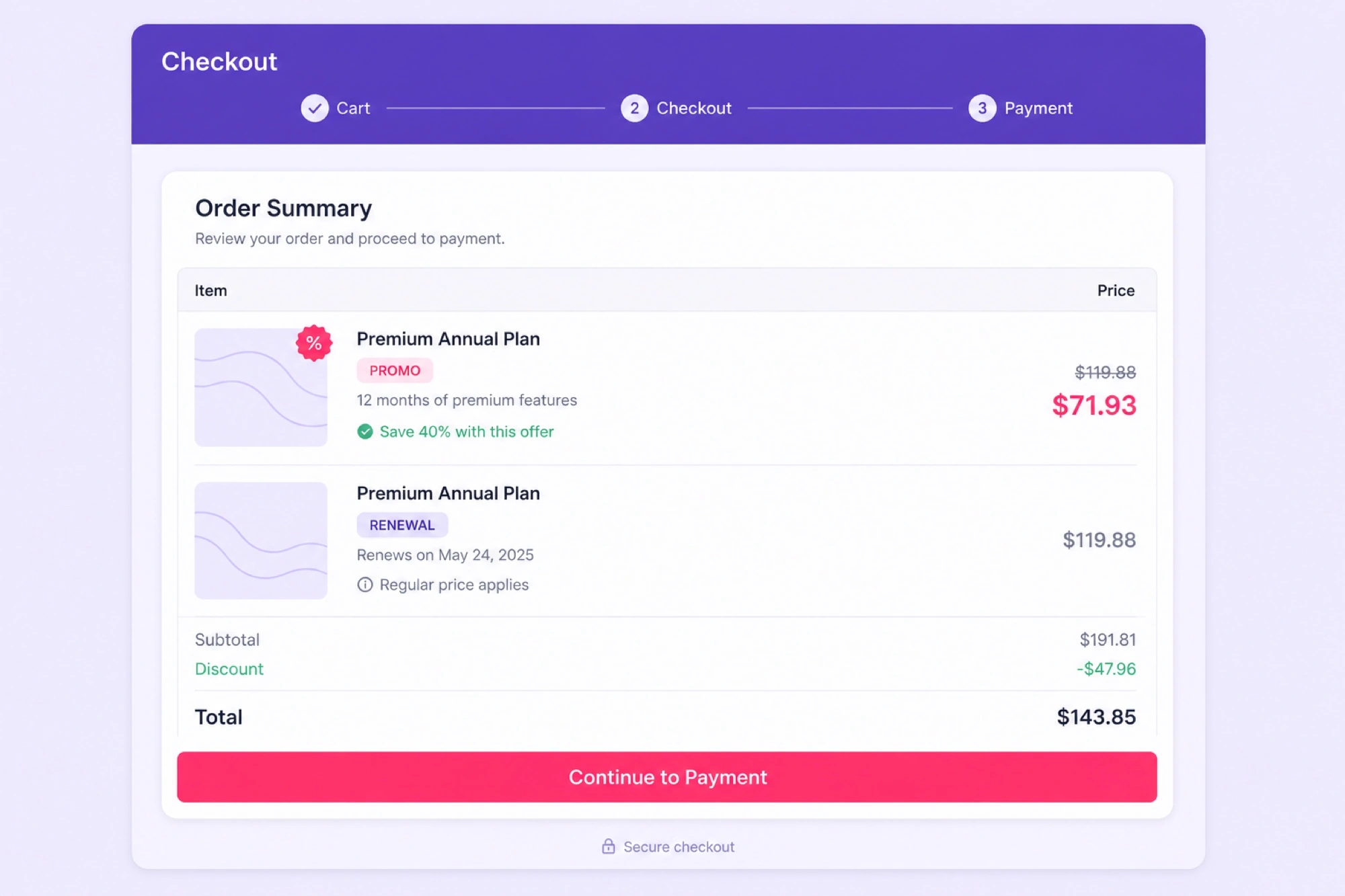 Hostinger Premium WordPress hosting checkout screen showing promo price next to renewal price