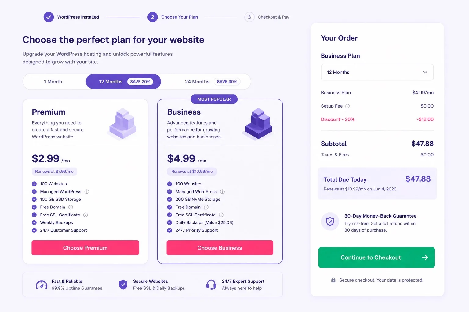 Hostinger WordPress hosting plan checkout before install