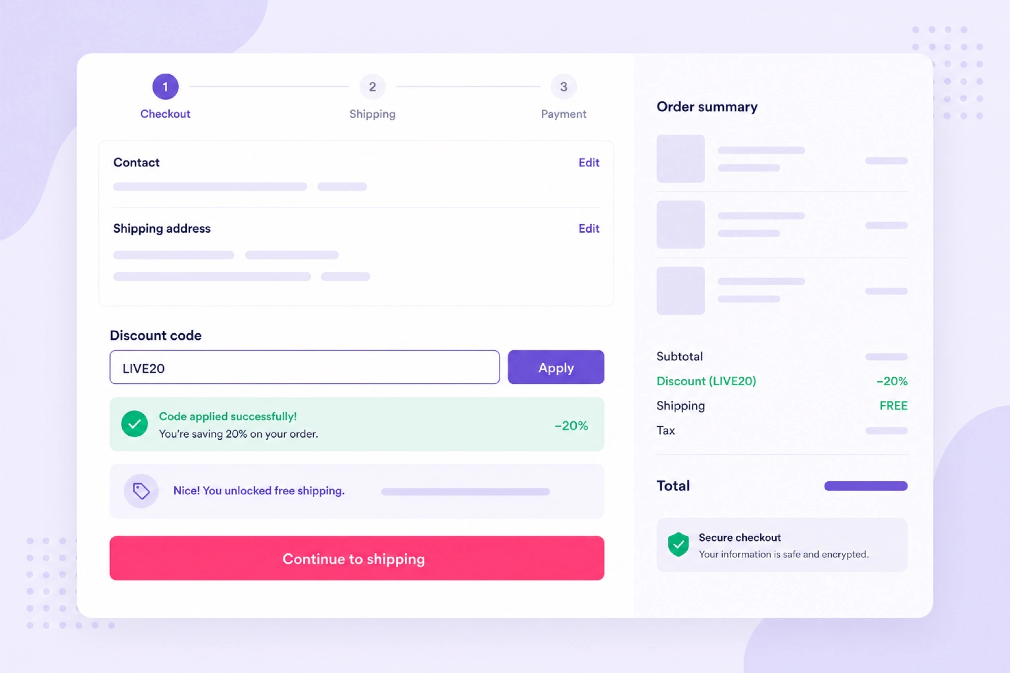 Hostinger WordPress hosting checkout screen showing a live discount code applied before payment