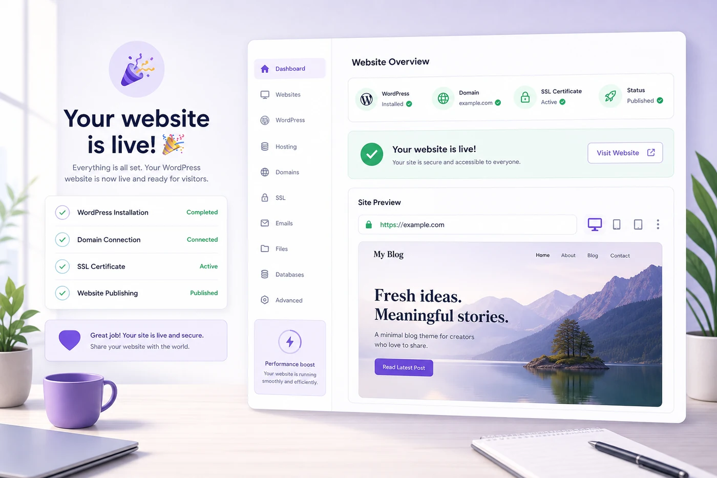 Launch success dashboard after starting WordPress hosting