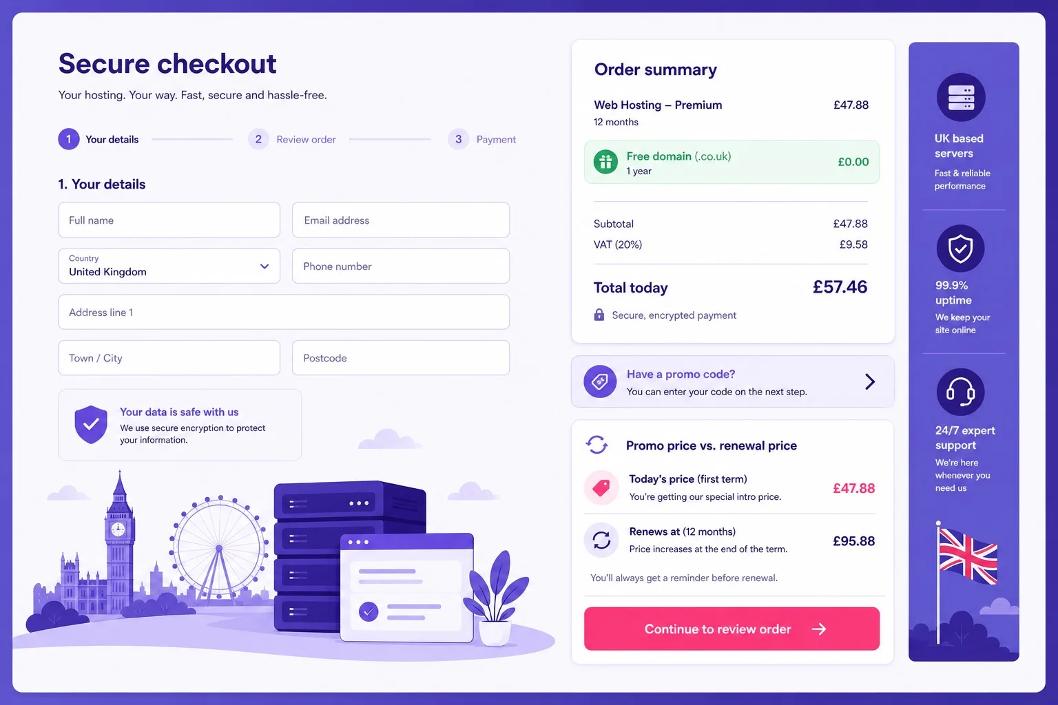 Hostinger UK web hosting GBP checkout order summary showing promo total free domain line and renewal price for British buyers
