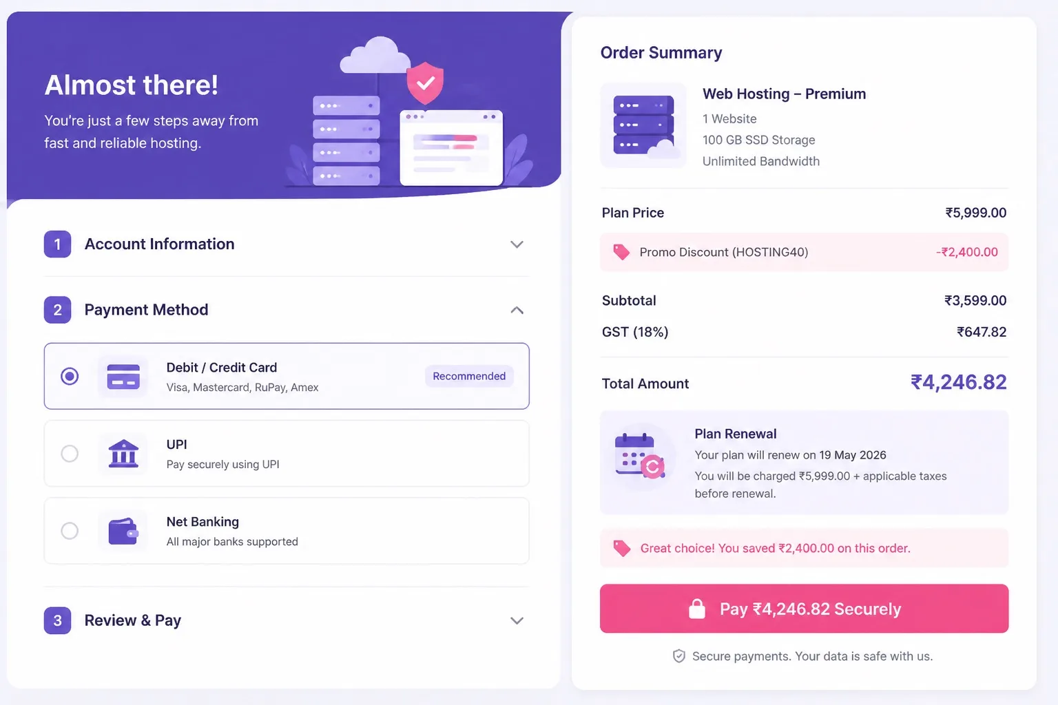 Hostinger web hosting deals India checkout for small sites