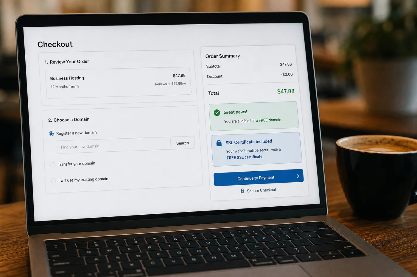 Web hosting free domain and SSL checkout confirmation