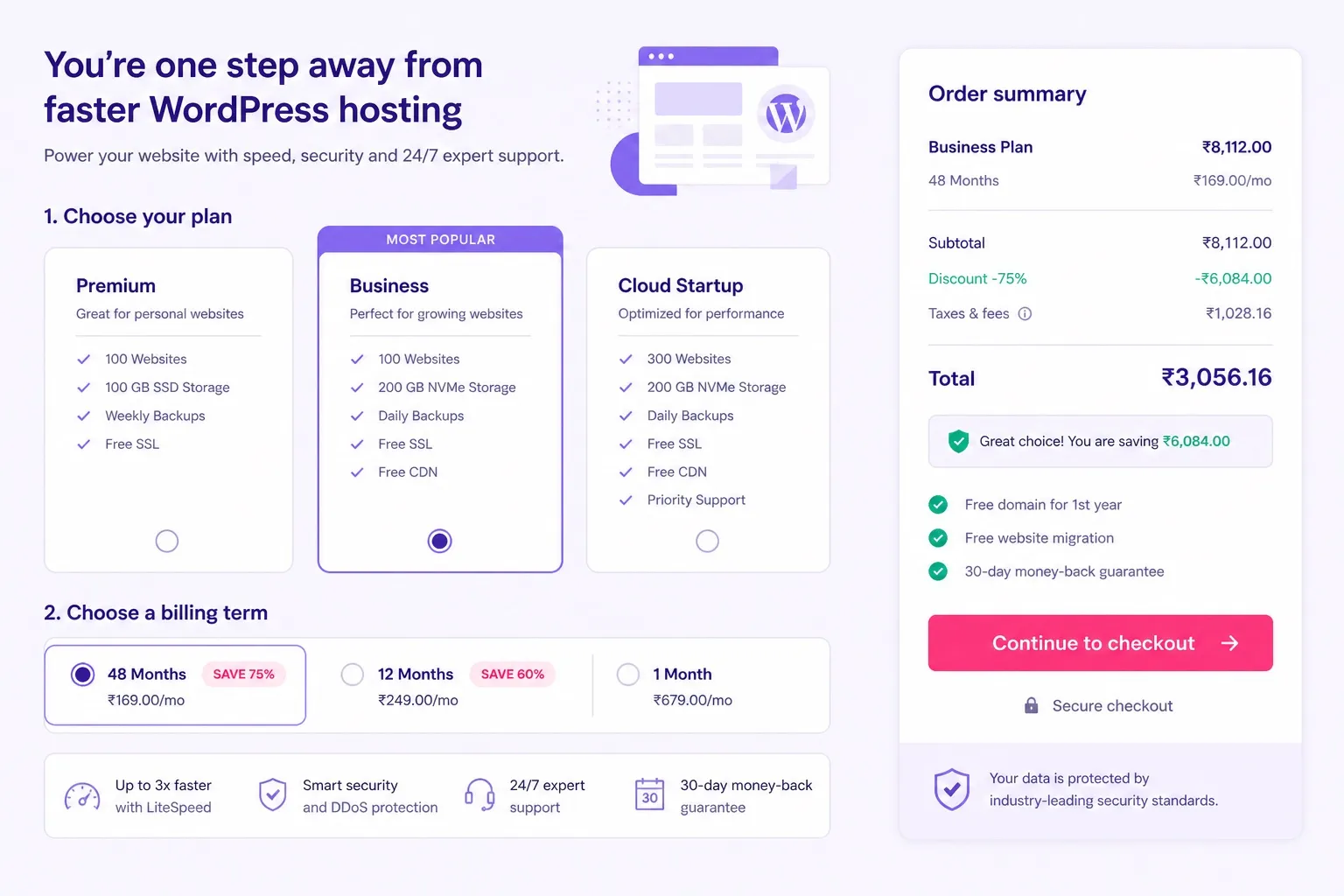 WordPress.com vs Hostinger managed WordPress hosting checkout and plan selection