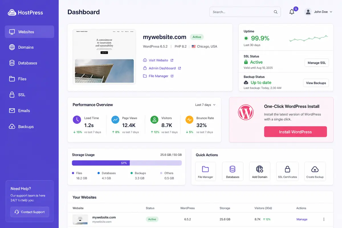 WordPress hosting dashboard overview for managing Hostinger WordPress sites