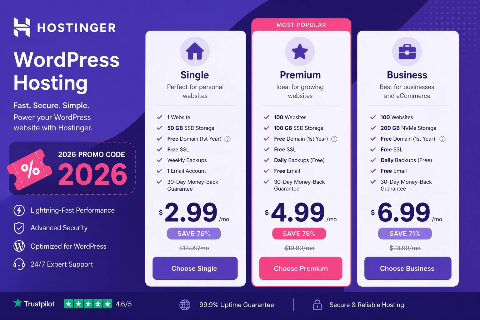 Hostinger WordPress hosting plan cards for 2026 promo code buyers