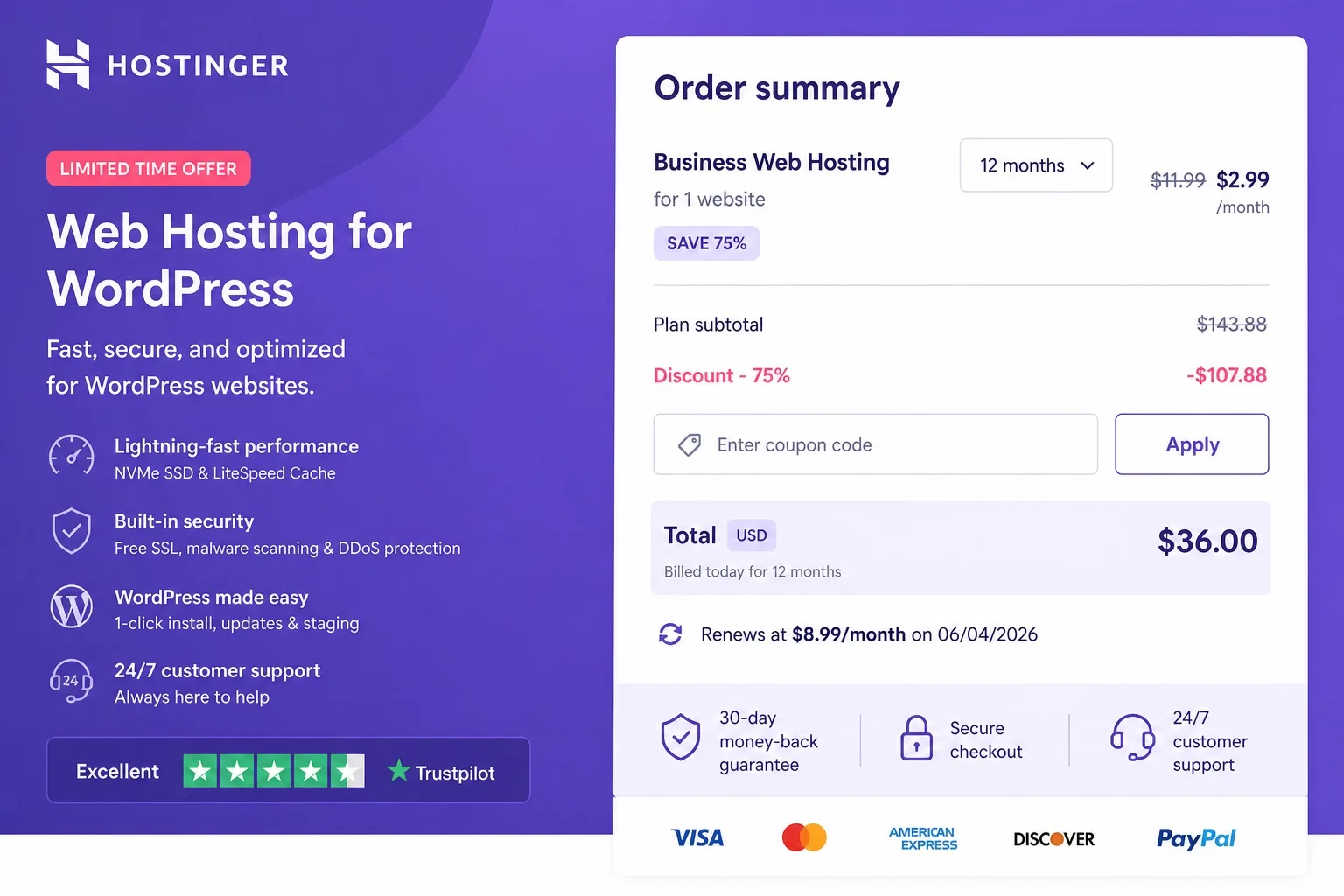 Hostinger WordPress hosting USD checkout showing promo total and renewal for USA coupon deals