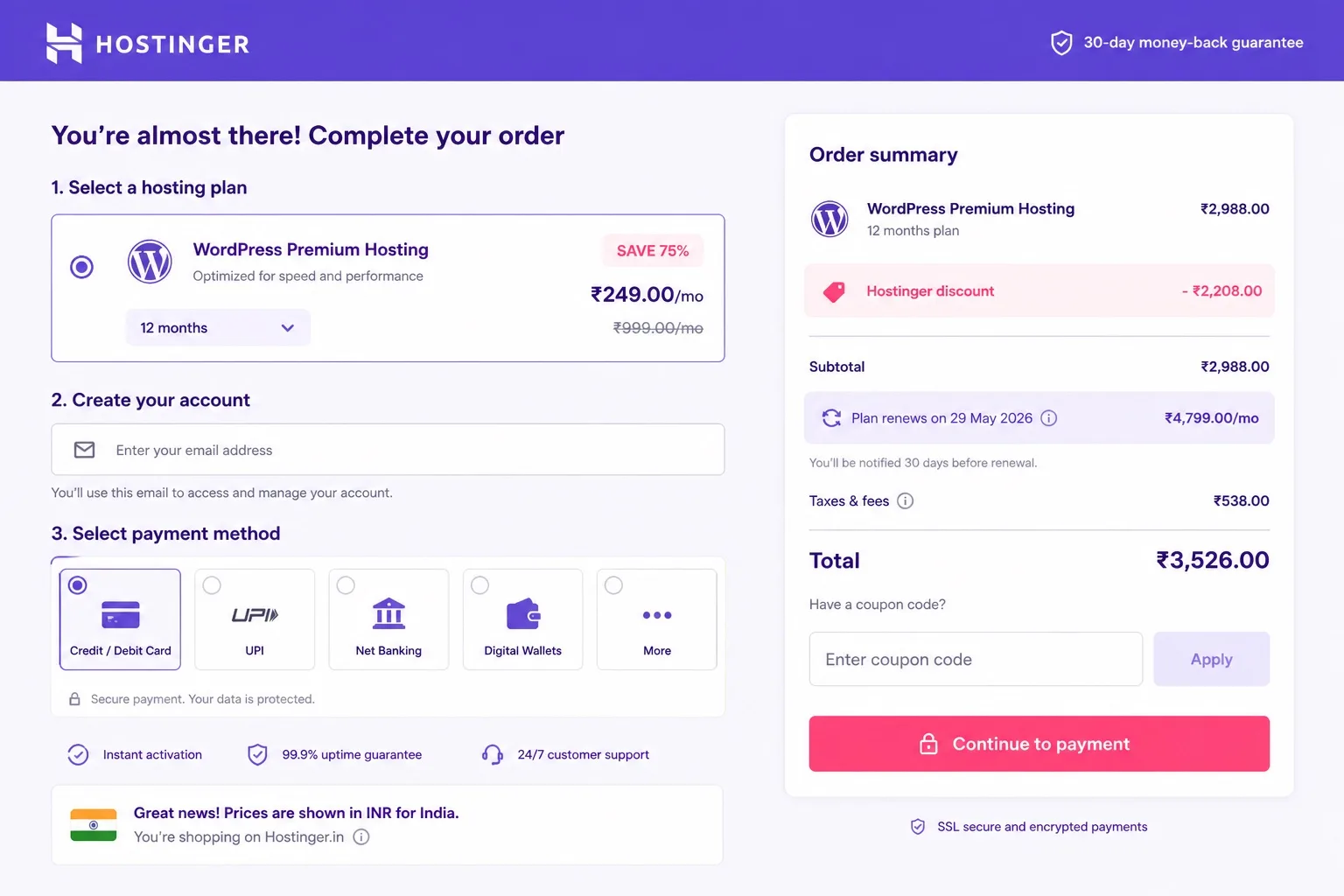 Verify Hostinger discount codes and INR totals on WordPress hosting sale India checkout