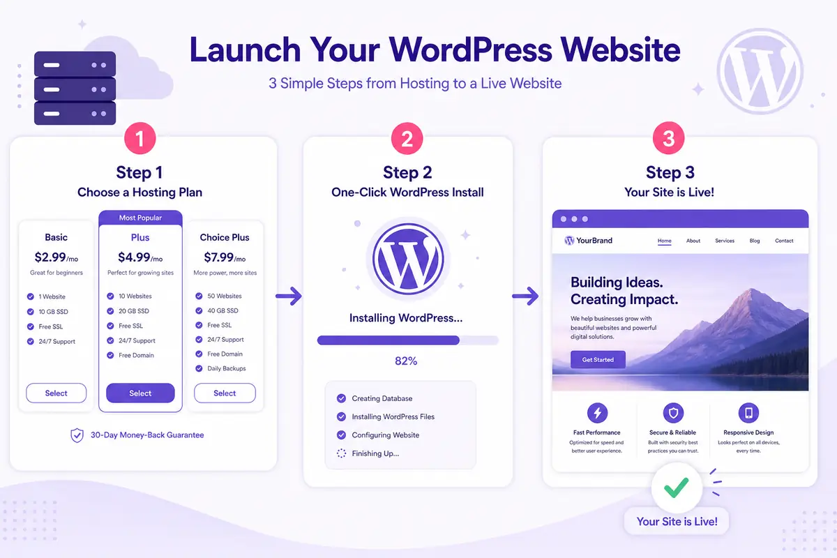 WordPress hosting website setup process with Hostinger for beginners